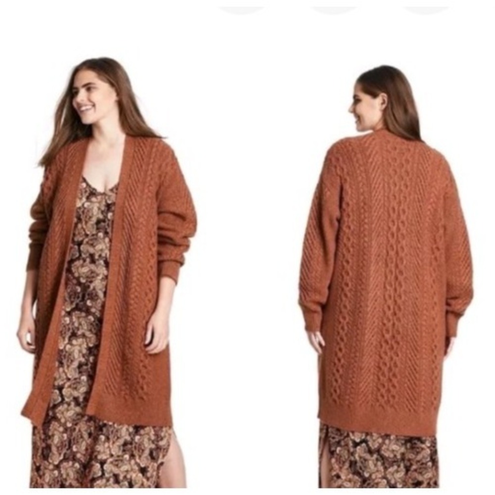 Nili Lotan X Target Cableknit Longline‎ Cardigan Sweater Wool Blend Chunky Brown